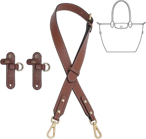 Strap for Longchamp Small Le Pliage Bags, Upgraded Anti-Slip Metal Clasps Purse Straps Replacement Crossbody for Long Champ Small Handbags, Leather Adustable Wide Shoulder Bag Strap Kit(Brown)