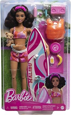 Barbie HPL69 Surf Doll Articulated Mannequin Brown Surfboard Puppy Themed Accessories Childrens Toy from 3 Years