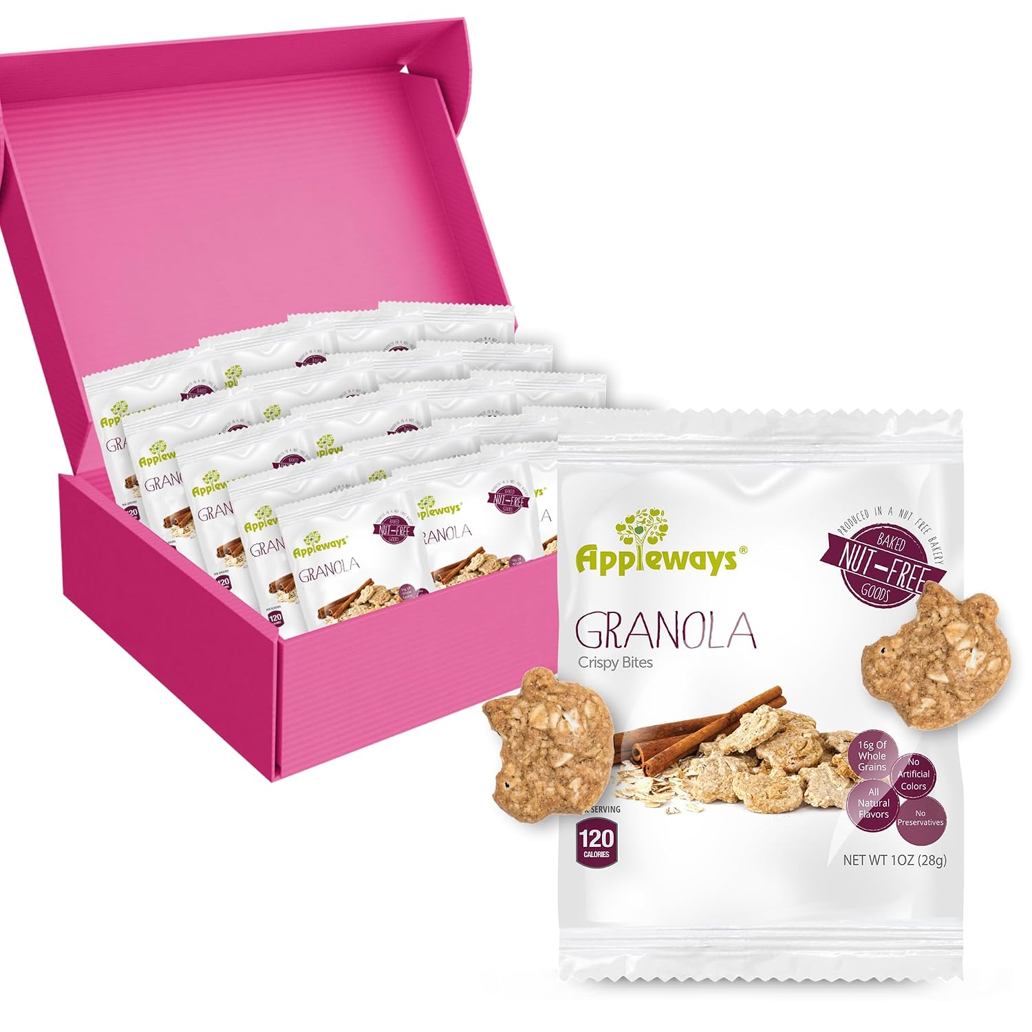 Appleways Crispy Granola Bites, Pack of 20 1 oz Each, Granola Mini Snacks Individually Wrapped Healthy with No Preservatives. Nut Free Snacks for Kids and Adults