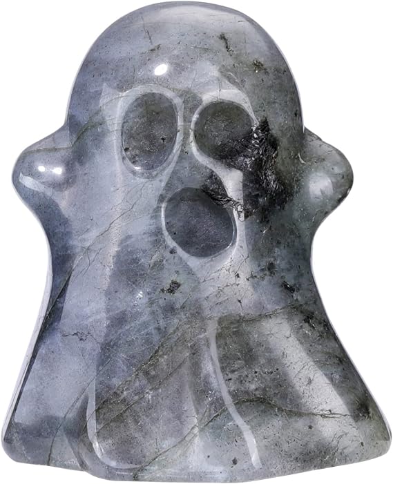 Jovivi Labradorite Crystal Ghost Decor Figurine 1.2" Hand Carved Gemstone Reiki Healing Stone Ghost Statue Sculpture for Halloween Decorations Home Desk Decor Carnival Party