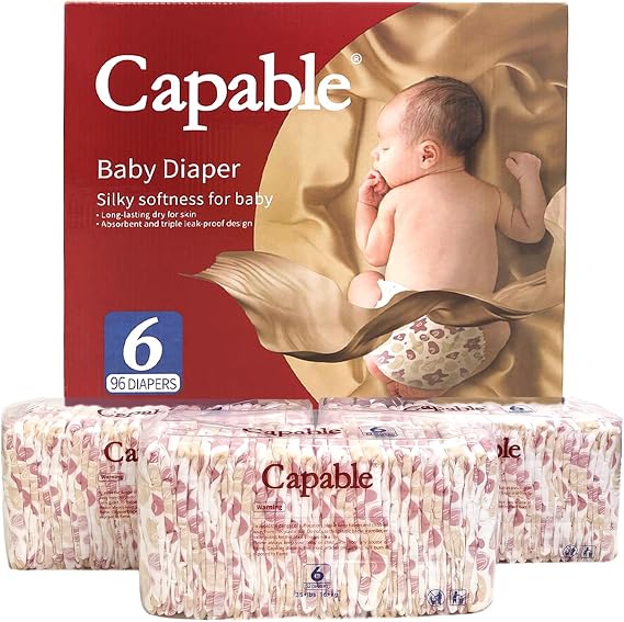 Capable Newborn Diapers Size 6, 96 Count, Triple Leak-Proof Baby Diapers, Hypoallergenic Disposable Diapers with Wetness Indicator, Extra-Absorbent, Light and Snug