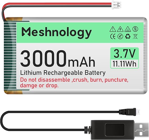3.7V 3000mAh Li Battery with USB Charging Cable 103665 1S LiPo Battery with Protective Board Insulated Rubber Band and Micro JST 1.25 Plug for AR Duino ESP32 Module Board Drone RC Car (Pack of 1)