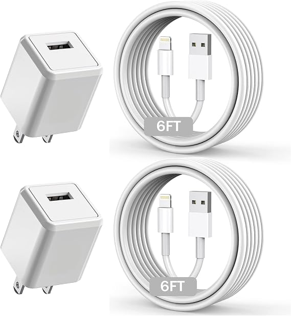 iPhone Charger,Long 6FT iPhone Charger 2Pack i Phone Cord 6feet USB to Lightning Cable Quick Fast Charging Data Sync Cord USB Wall Charge Block Adapter for I Phone14/13/12/11/XS/XR/X/8/7/5/SE2022/iPad