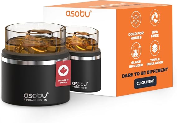 asobu Whiskey Glass with Insulated Stainless Steel Sleeve, 10.5 oz
