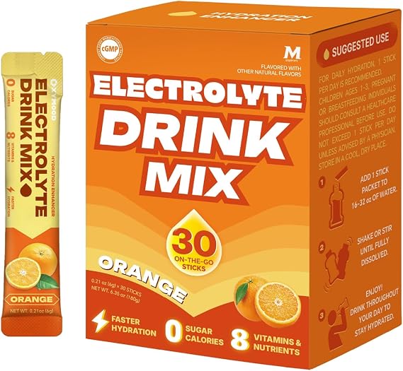 High Sodium Sugar Free Electrolyte Powder Packets, 30 Stick Pack Hydration Drink Mix with Potassium & Magnesium, Zero Calorie Keto Friendly Hydration Powder, Orange Flavor