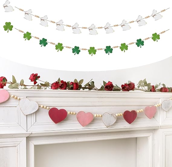 Valentines Garland: 3pcs Rustic Red Pink White Cute Hearts with Wood Beads Valentines Galentines St. Patrick's Day Easter Garland, Farmhouse Banner Decorations Indoor for Mantel Wall Home Office Decor