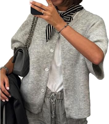 RUEWEY Womens Knitted Button Down Cardigan Short Sleeve Crew Neck Relaxed Sweater Going Out Knit Tops
