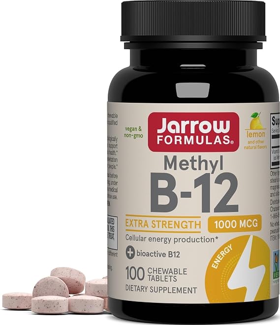 Jarrow Formulas Methyl Vitamin B-12 1000 mcg, 100 Chewable Tablets, Lemon Flavored- Bioactive B12 Vitamin - Supports Cellular Energy Production, Brain Health & Metabolism - 100 Servings