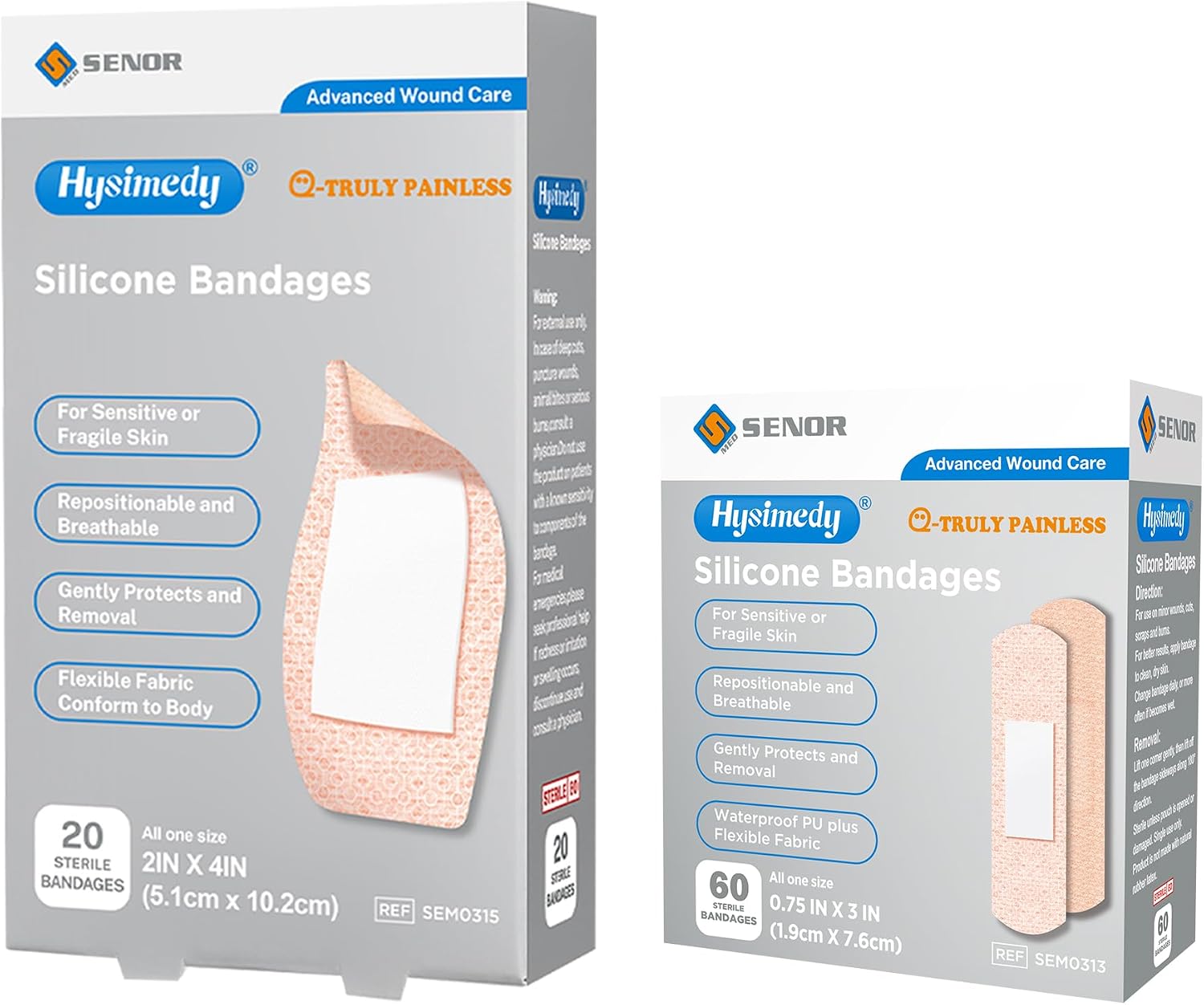 Silicone Bandages Extra Large Size for Sensitive Fragile Skin - 2x4 20 Counts  34x3 60 Counts