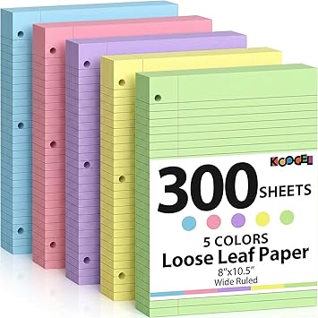 Koogel Wide Ruled Loose Leaf Paper, 8 x 10.5 Inch Filler Notebook Lined Paper, 5 Color, 3 Hole Punch Lined Writing Notebook for 3 Ring Binders for College Essentials School Office Supplies, 300 Sheets