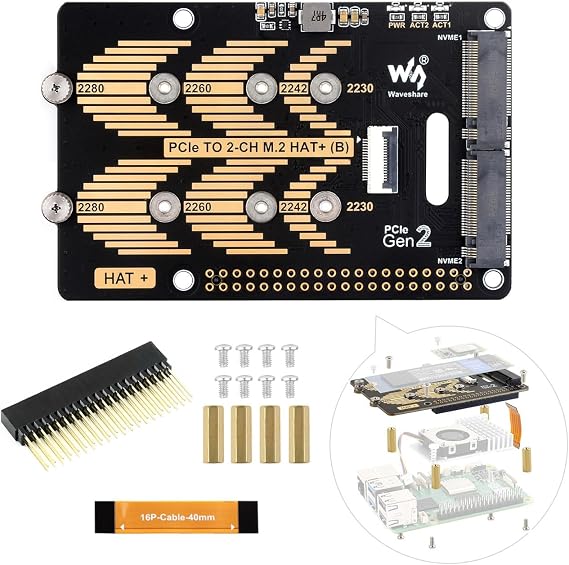 Waveshare PCIe to 2-CH M.2 HAT, Compatible with Raspberry Pi 5, Support M.2 NVMe Solid State Drive 2230 2242 2280, High-Speed Reading/Writing