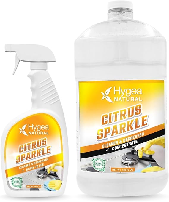 Hygea Natural Citrus Sparkle Citrus Degreaser, 24oz + 128oz Concentrate | Pure citrus extracts and natural D-limonene. Removes grease, dirt & grime.