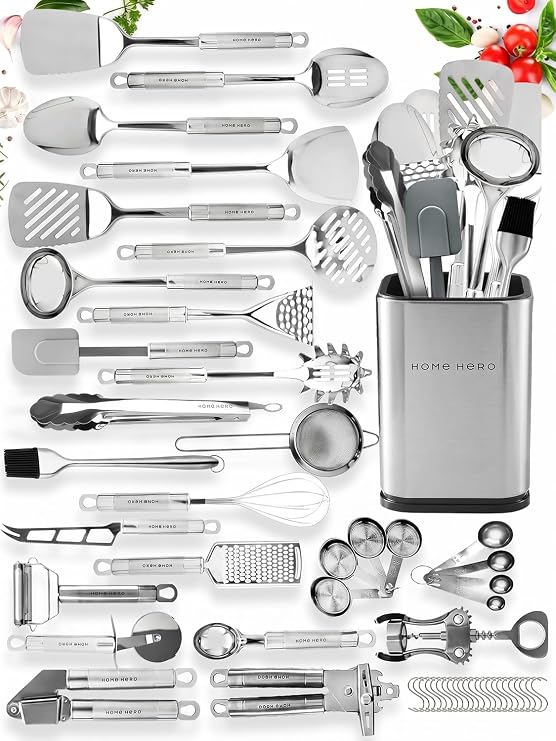 Home Hero 54-Piece Stainless Steel Kitchen Utensils Set - Heat-Resistant Nonstick Silicone & Stainless Steel Cooking Utensils - Complete Tools with Slotted Spoon & Pasta Spoon - Pack of 54, Silver | Heat-Resistant Stainless Steel Kitchen Utensil Set - Durable Cooking Utensil Set for Everyday Use & Gift Giving (54-Piece)