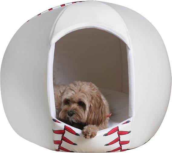 Maccabi Art Baseball Dog Bed - Sports Themed Pet Bet - Fits Small Dogs, Puppies, Cats - Pillow Insert with Plush Lined Interrior, Non-Slip Igloo Design - 16 x 18 x 16