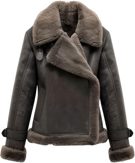 Womens Shearling Jacket Aviator B3 Vintage Biker Jacket Ash Grey Sheepskin Leather Motorcycle Coat Real Fur Lined Winter Coat