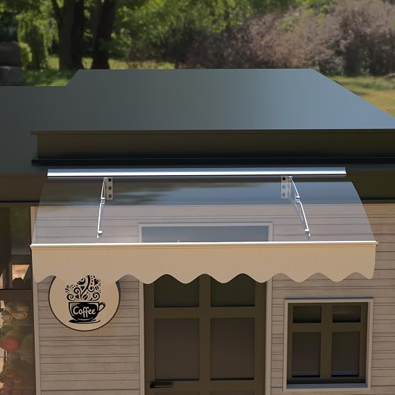 47" x 34" Window Awning Door Entrance Canopy, Aluminum Alloy Bracket, Thicker Crystal Solid Polycarbonate Sheet for Wooden House (DA4734W Series Clear Transparent Roof + Beige Fabric)
