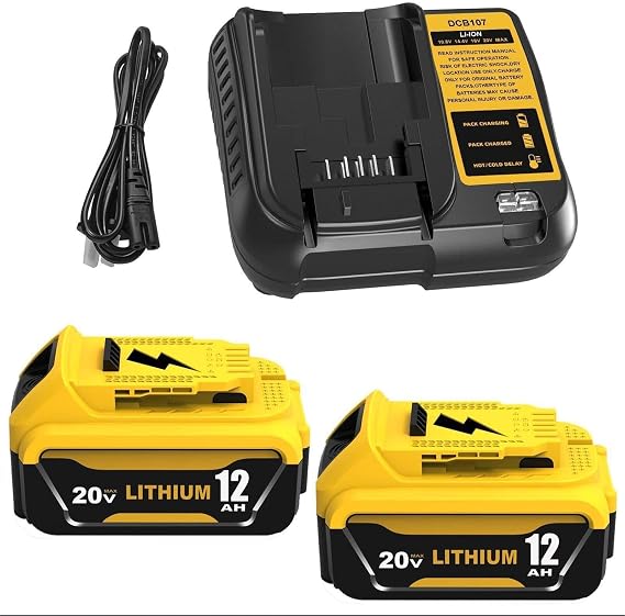 2 Pack 12.0Ah DCB206 Replacement for Dewalt 20V Battery and DCB107 Charger | Compatible with Dewalt 20V Battery Lithium DCB206 DCB207 DCB204 DCB200 DCB201 DCB203 Power Tool (12.0Ah-Yellow)