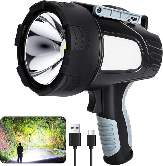 Rechargeable Spotlight Flashlight, 99,000 Lumen Super Bright Led Spotlight with 6 Modes & Foldable Tripod, Powerful Spot Light 30H Long Runtime, Handheld Spot Light for Outdoor Boating Hnting
