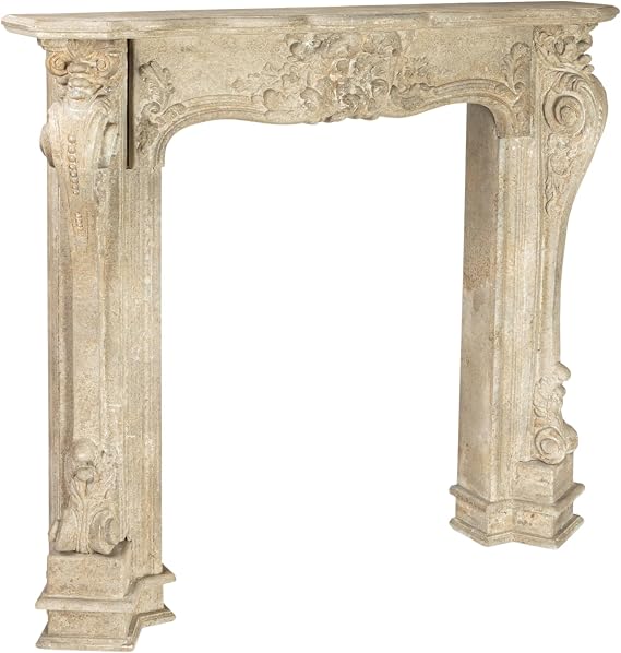 Creative Co-Op Ornate Decorative Wood Fireplace Mantel, Distressed Cream