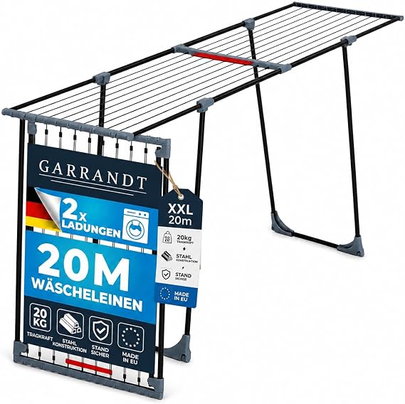XXL Extendable Clothes Airer - 20 m Drying Length - Foldable Space-Saving and Stable - Large Standing Dryer for Balcony Indoor and Outdoor Use - Tumble Dryer Stand with Powder-Coated Steel Frame