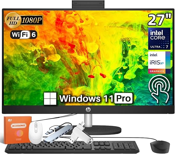 HP 27" Touchscreen All in One Desktop Computer 2025, Intel 12-Core Ultra 7 155U (Up to 4.8GHz), 27 inch FHD Anti-Glare Display, 64 GB DDR5, 2 TB SSD, Windows 11 Pro, Accessories, Jet Black