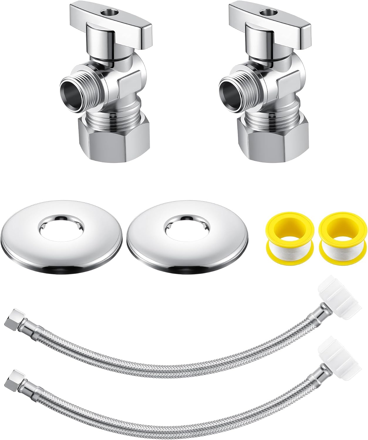 Dreyoo 2 Pack Complete Toilet Valve Set, Includes 12 inch Nom Inlet x 38 Inch OD Compression Outlet Angle Shut Off, 12 Stainless Steel Toilet Water Supply Line, Escutcheon Plate, Sealing Tape