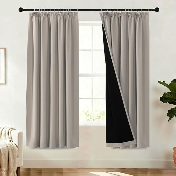 BellaHills 100% Blackout Curtains for Bedroom Thermal Insulated Curtains & Drapes for Living Room Black out Window Curtain with Hooks Pencil Pleat Back Tab Rod Pocket 2 Panels, W66 X L72, Natural Sand