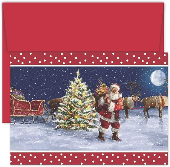 Masterpiece Studios Hollyville 16-Count Boxed Christmas Cards & Envelopes in Keepsake Box, 7.8" x 5.6", Santa and His Pack (940500)