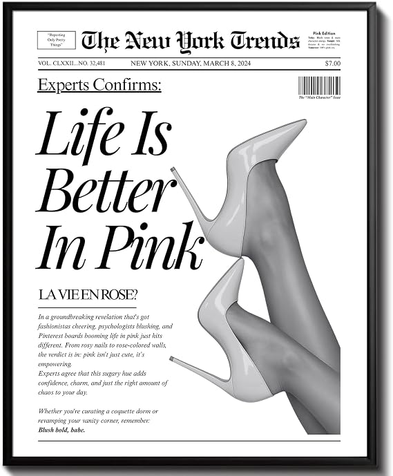 uniro Trendy Newspaper Wall Art Prints, Vintage Black And White Newspaper Poster " Life Is Better In Pink" Positive Affirming Quote Aesthetic Pictures, Retro Girly Dorm Room Decor, Funky Bathroom Wall Decor for Teen Girl Bedroom Apartment, Bar Cart decor - Unframed
