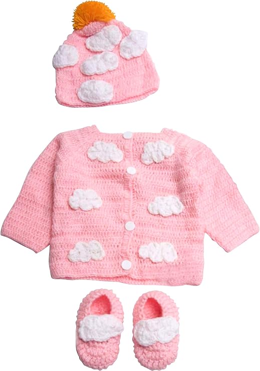 Newborn Cozy Warm Baby Sweater Set -Hand Made Baby Crochet Set -Pink/Blue Knit Cardigan with Booties & hat Gift Set