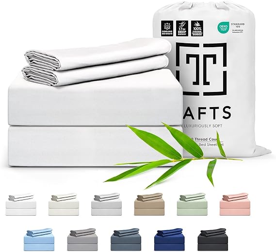 Bamboo Sheets Queen Size, 100% Pure Viscose derived from Bamboo Bed Sheet Set, Luxuriously Soft, Silky, Cooling Sheets, Double Stitched, Lifetime Promise by Tafts (Cool White)