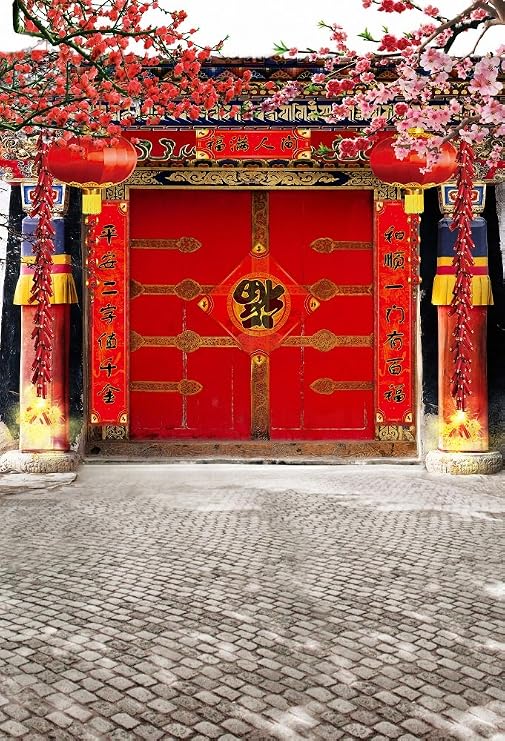 Chinese New Year 2023 Backdrop,Yeele 5x7ft Spring Festival Background for Photography Couplets Firecrackers Front Door Backdrop Red Lanterns Theme Party Decoration Kids Adult Family Photo Shoot Prop...