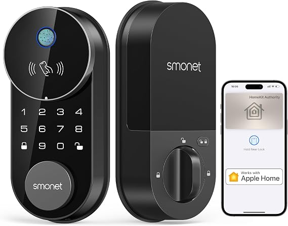SMONET AH1 Apple Home Key Smart Lock Fingerprint WiFi Front Door Deadbolt | iOS & Android Apple HomeKit, Alexa, Google Assistant Keyless Entry Door Lock Touchscreen Keypad