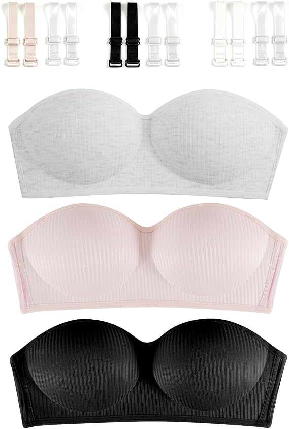 Girls Strapless Bra Teens Bandeau Bras 10-12 12-14 14-16 with Clear Straps | Wireless Training Bra with Convertible Straps, Light Fixed Padded, 32-36A/B Cup