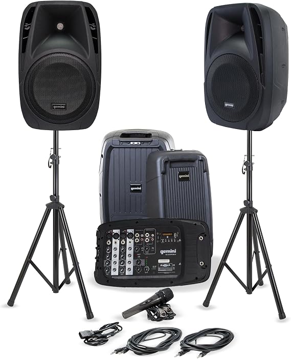 Gemini Portable PA System & Stands, Dual 10", 600 Watts (ES-210MXBLU-ST)