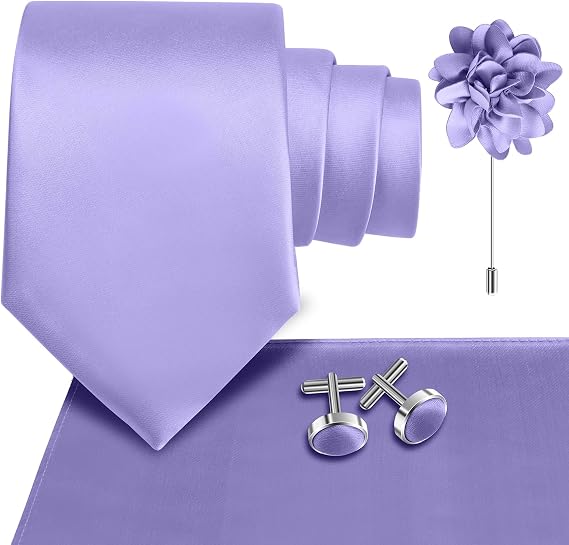 Men's Solid Tie Set 3.15"(8cm) Necktie and Lapel Pin Woven Handkerchief Cufflinks Set for Wedding Party