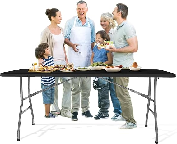 6FT Folding Table for Party, Picnic, Camping, Event, Wedding, School, Black | 6 Feet Portable Plastic Foldable Dining Tables with Carrying Handle, Easy to Fold and Store for Indoor Outdoor Use, 440lbs