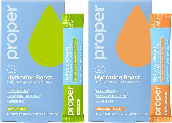 Proper Hydration Sticks Electrolyte Powder Drink Mix Packets with Trace Minerals for Rapid Hydration + No Artificial Sweeteners Cucumber Melon