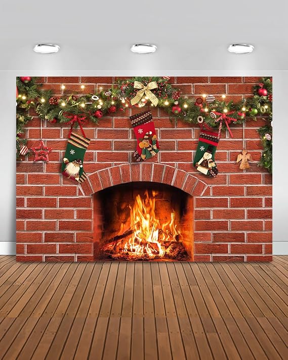 Mocsicka Christmas Fireplace Backdrop Xmas Large Red Brick Wall Merry Christmas Party Decorations Banner for Holiday Photography Background Photo Booth Props (Red, 6x4ft(72"x48"))