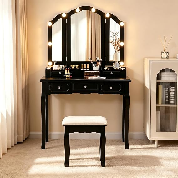 BLEXA Black Vanity Desk with Mirror and Lights, Vanity with Chair Set
