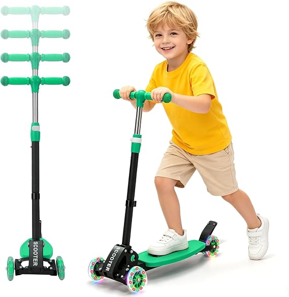 Toddler Scooter, 3 Wheels for Kids 2-7 Year Old LED Lighted, Folding Lean-to-Steer Kids Scooter with 3 Adjustable Handlebar for Boys Girls, Blue