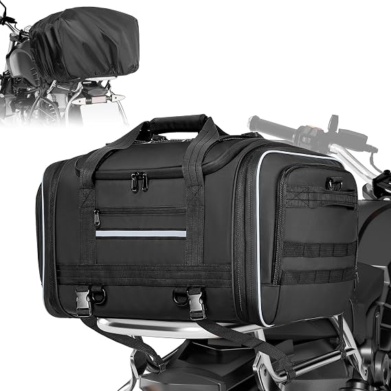 Marscamd Waterproof Motorcycle Tail Luggage Bag, 64L Expandable, Black