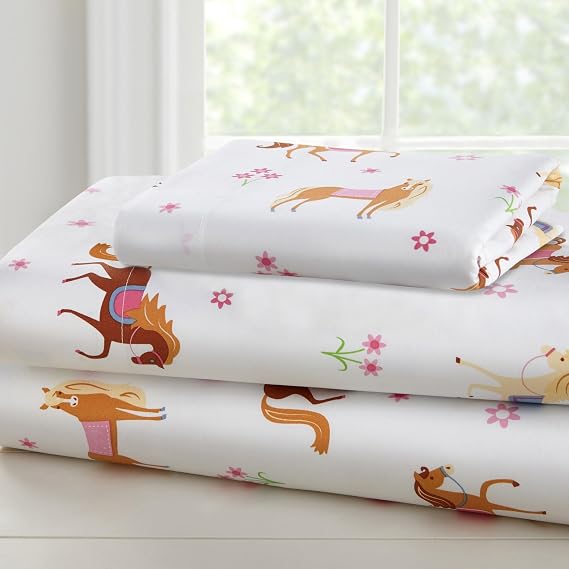 Wildkin Twin Sheet Set Soft Microfiber, Fitted & Top Sheet, Pillowcase - Horses
