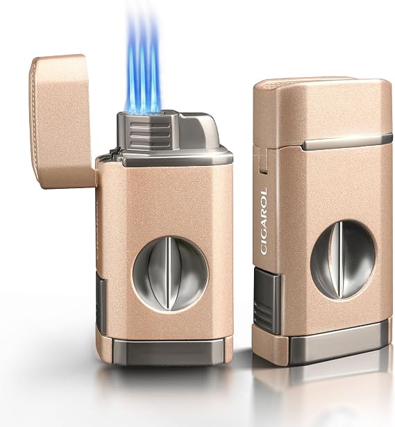 3 Jet Flame Cigar Lighter with Built-in V Cutter & Holder, All-in-One Windproof Torch Lighter, Refillable Butane, Heavy Duty Cigar Accessories, Gift for Men (Golden)