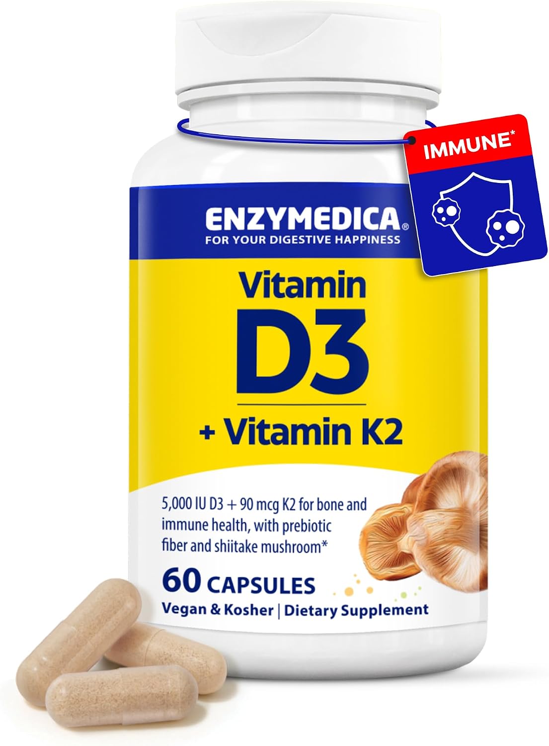 Enzymedica, Organic Vitamin D3K2, 5,000 IU VIT D3 & 90 mcg VIT K2 MK-7, with Shitake Mushrooms & Prebiotic Fiber, Vegan, 60 Count