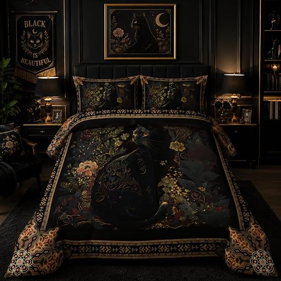 Nttopship Boho Black Cat Comforter Set Twin Size for Adults 3Pcs,Bohemian Mysterious Theme Comforter Soft Warm Comforer for All Season Room Decor with 1 Comforter and 2 Pillow Case
