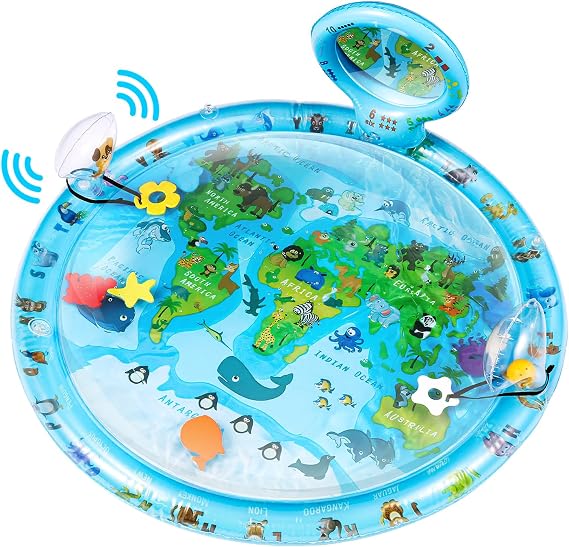 Tummy Time Water Mat, Extra Large 80x80cm Baby Sensory Play Mat with Mirror, Rattle, Teethers & Floating Sea Animals, Inflatable World Map Activity Mat for Babies 3-12 Months