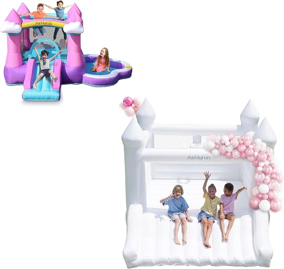 AirMyFun Pink Castle with Ball Pool and White Party Bounce House