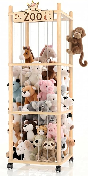 Stuffed Animal Storage Zoo Tower,56In Wooden Large Stuffed Animal Holder Organizer with Wheels,Stuffy Plushies Storage with Elastic Band&Mesh Bottom,Toy Storage Organizers for Playroom Bedroom Nursery