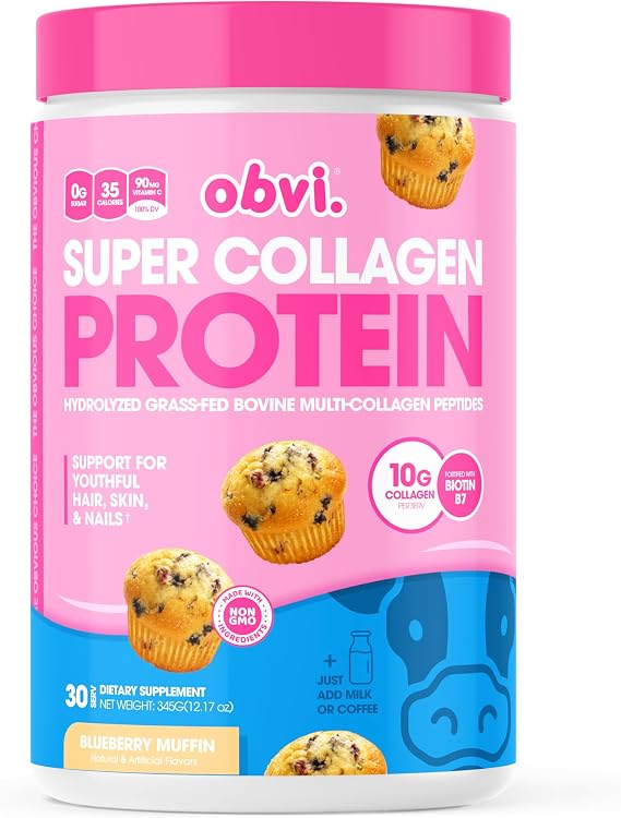 Obvi Collagen Peptides Protein Powder | Supports Gut Health, Healthy Hair, Skin, Nails with Biotin & Vitamins | Hydrolyzed Grass-Fed Bovine | No Sugar, Gluten-Free | 30 Servings, Blueberry Muffin